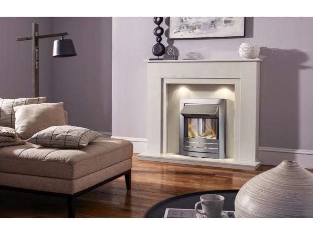 48" Melford Marble Fireplace in China White with Lights & 1" Rebate