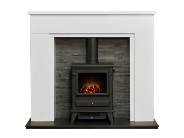 acantha rimini fireplace in white marble and downlights plus Hudson stove