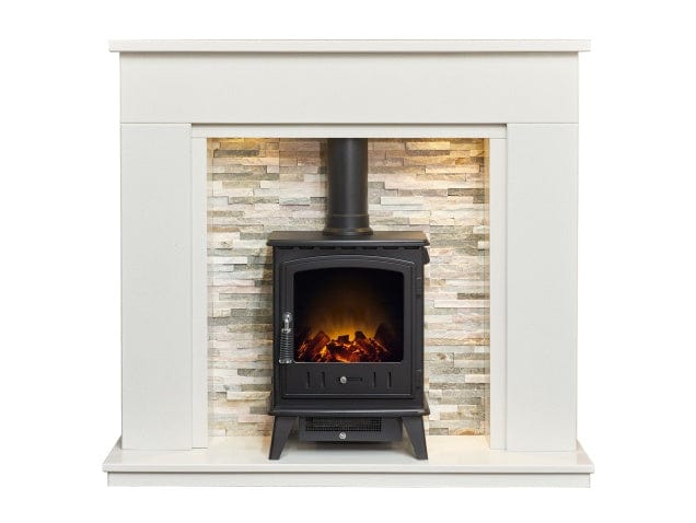 acantha amalfi with downlights in white marble and aviemore electric stove