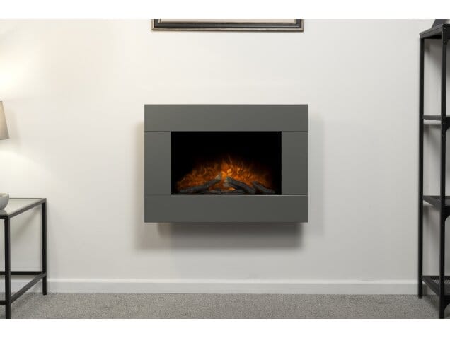 grey adam carina wall mounted fire with logs on a white wall