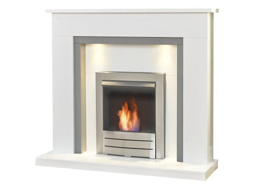 side view of adam genoa in pure white and grey and colorado bio ethanol fire