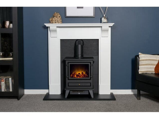 living room with adam harrogate oure white and hudson stove