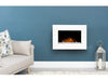 white adam fire which is wall mounted on a blue wall with pebbles