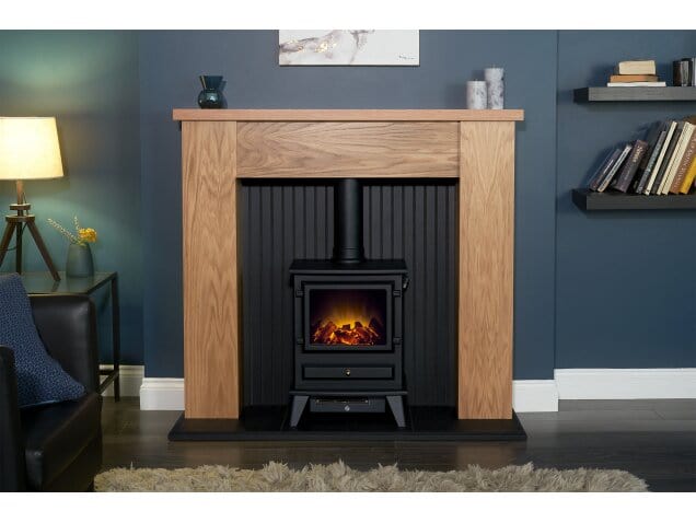 living room with the adam new england fireplace and hudson electric stove