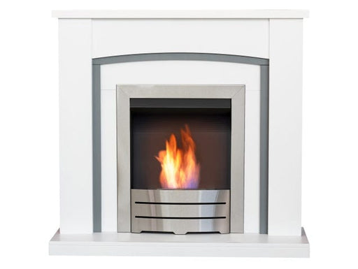 white and grey adam chilton fireplace with colorado bio ethanol fire in brushed steel