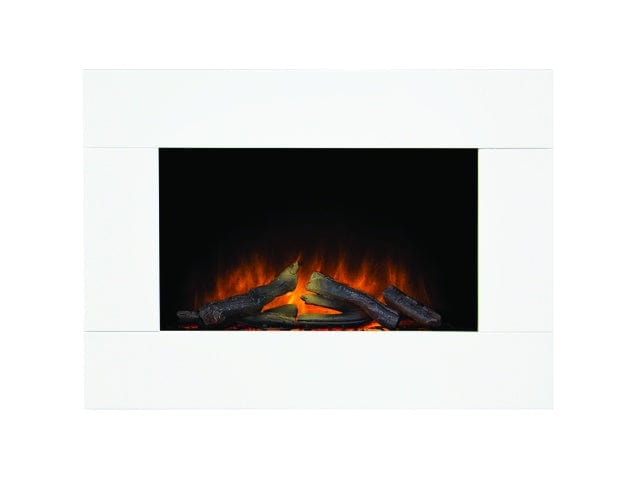 Adam carina front view of the wall mounted electric fire in white with logs