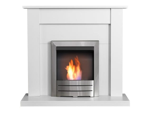 Adam sutton in pure white fireplace suite front view