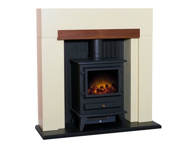 side view of the adam salzburg stove suite with hudson black electric stove