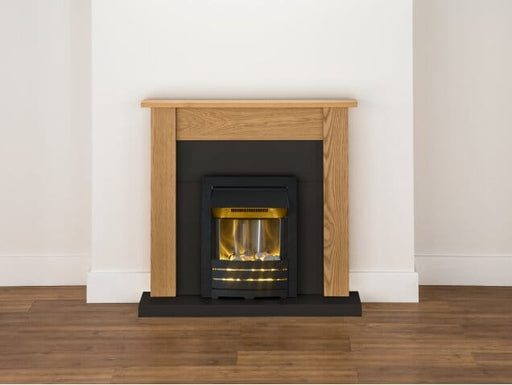 adam southwold in black and oak fireplace suite in an empty room