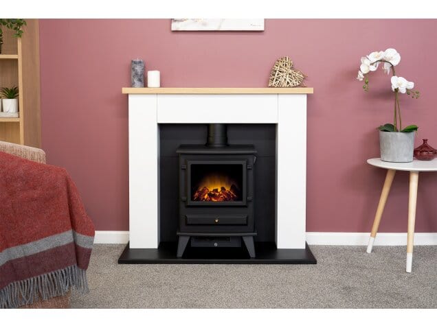 living room with adam chester fireplace and black hudson stove