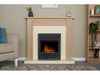 shelves and a picture and rug and fireplace in oak and cream