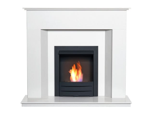 alora crystal white marble fire place suite with colorado bio fire in black