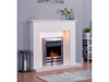 White marble fireplace with lights in a living room with fire