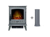 grey aviemore electric stove with a plus sign and a straight stove pipe next to it