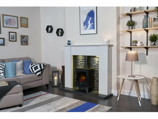 black adam stove that is powered by electric in a white coloured lounge