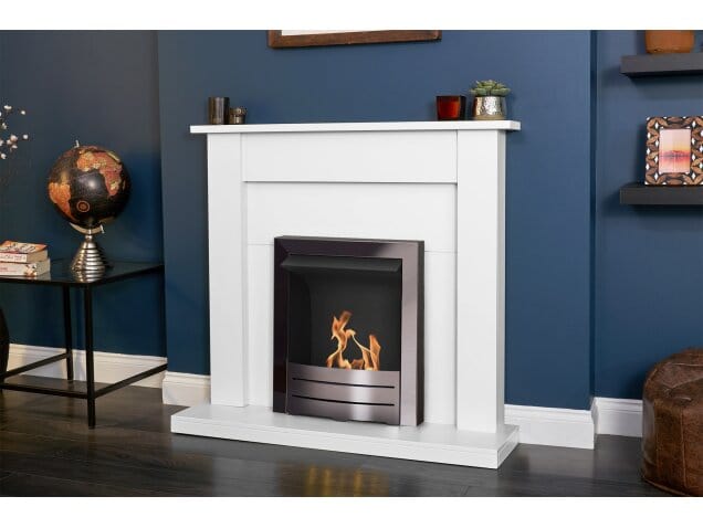 white fireplace with a black nickel fire by adam called Colorado