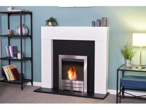 Adam colorado bio fuel fireplace with black back panel and white surround 