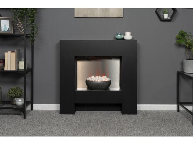 Front view of the adam cubist fireplace suite in black against a grey wall