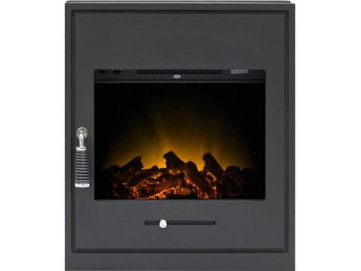 A inset electric fire called adam oslo with a remote control and in black