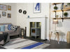 a grey adam electric stove called hudson with a white fireplace and walls