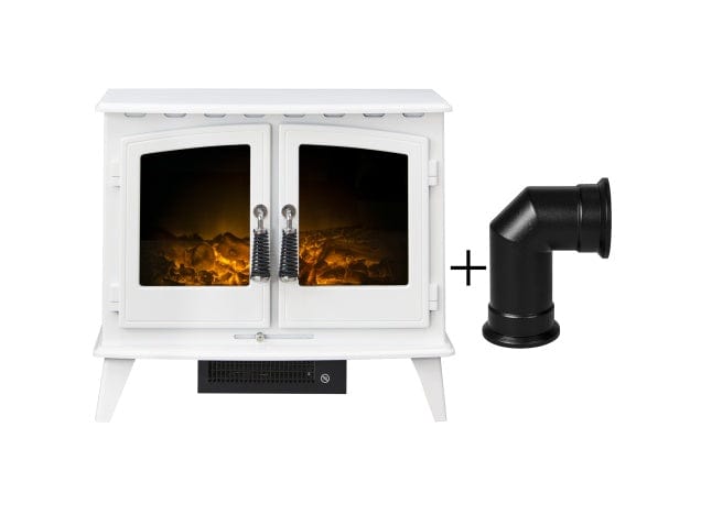 white adam woodhouse with a black angled stove pipe