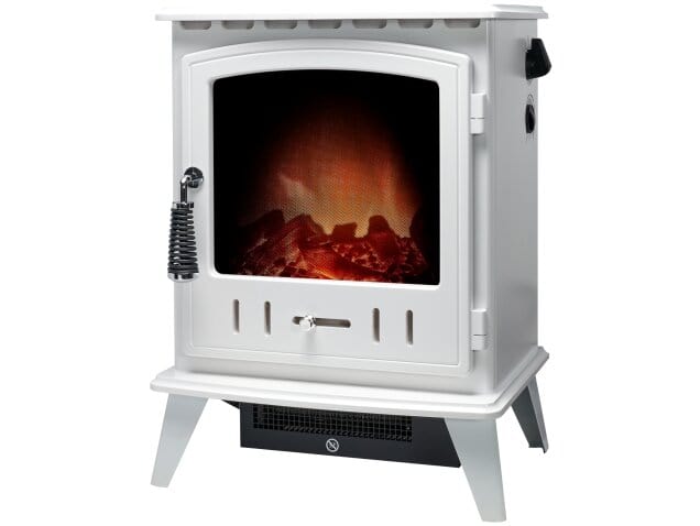 45 degree angle of a white adam aviemore electric stove