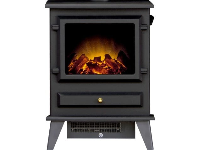 The front of the adam hudson stove that is in black