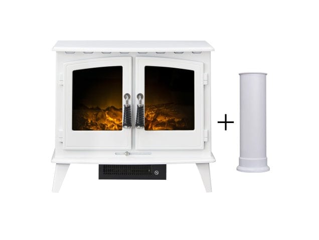 a white electric stove made by adam with a straight stove pipe in white