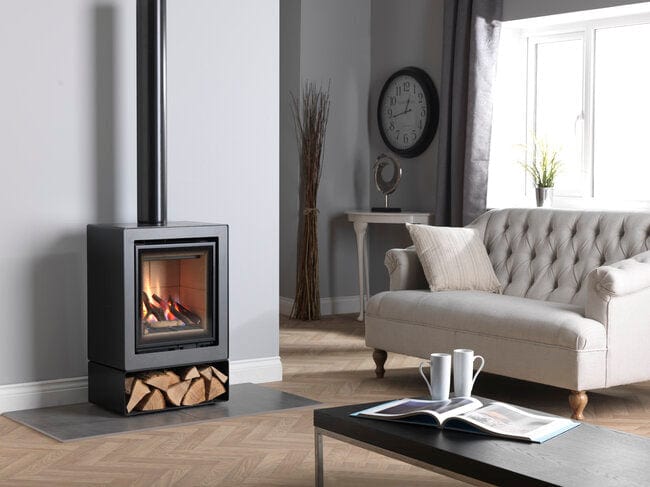 Living room scene with the gas fireplace stove called ethos 400